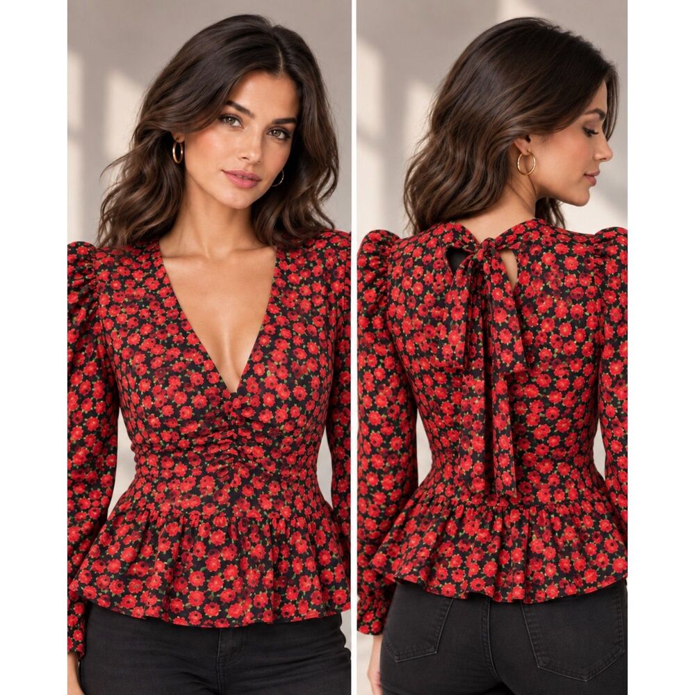 Topshop Red Rose Floral Print, Peplum V-Neck Blouse Back Neck Tie Closure Size 8